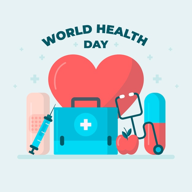Vettore gratuito illustrazione di giornata mondiale della salute con cuore e kit di pronto soccorso