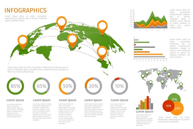 Карта мира 3D с набором элементов инфографики. Информация о дизайне, бизнес-график и диаграмма.
