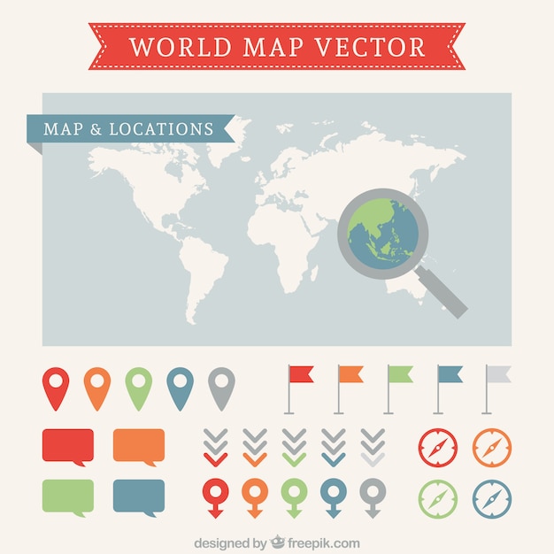 無料ベクター 世界地図とポインタ