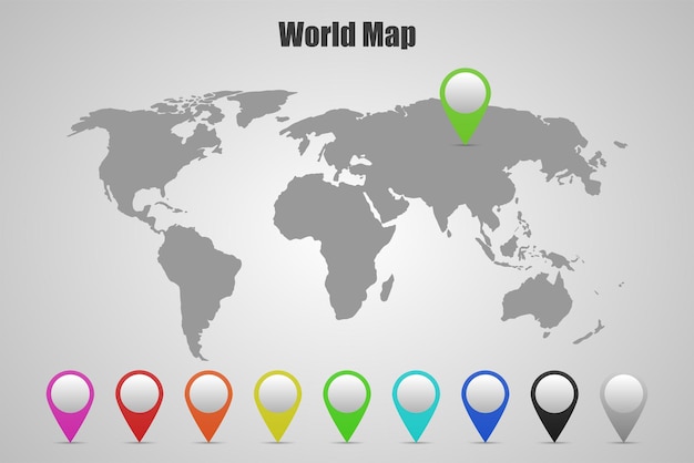 色付きのポインターと世界地図の灰色のシルエット プレミアムベクター