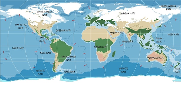 Free vector world map showing tectonic plates boundaries