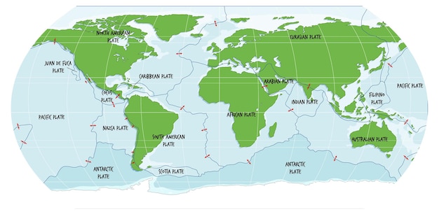 Free vector world map showing tectonic plates boundaries