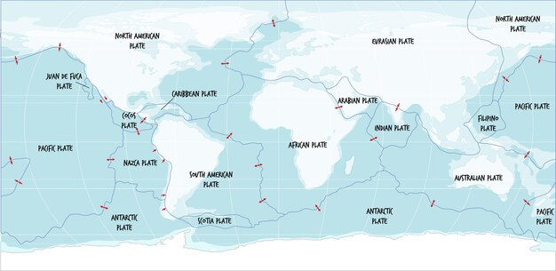 構造プレート境界を示す世界地図