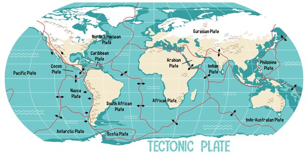 World Map Showing Tectonic Plates Boundaries