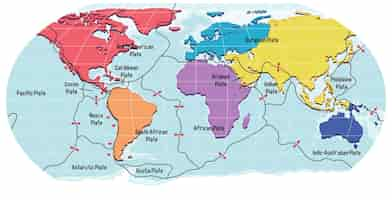 Free vector world map showing tectonic plates boundaries