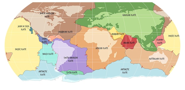 Free vector world map showing tectonic plates boundaries