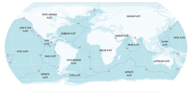 Free vector world map showing tectonic plates boundaries