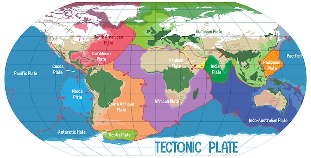 無料ベクター プレートテクトニクスの境界を示す世界地図