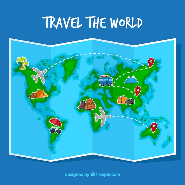 Free vector world map and travel elements with flat design