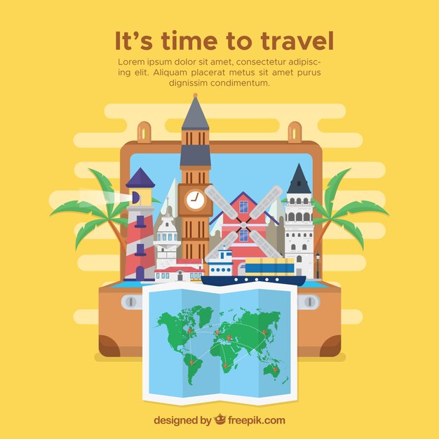 World map and travel elements with flat design