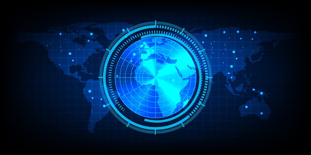 レーダー画面のある世界地図 ターゲットとデジタルブルーレーダー 背景と壁紙として使用する世界地図 プレミアムベクター