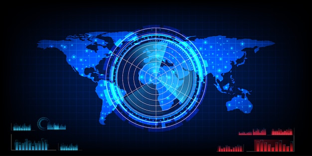 レーダー画面のある世界地図 ターゲットとデジタルブルーレーダー 背景と壁紙として使用する世界地図 プレミアムベクター