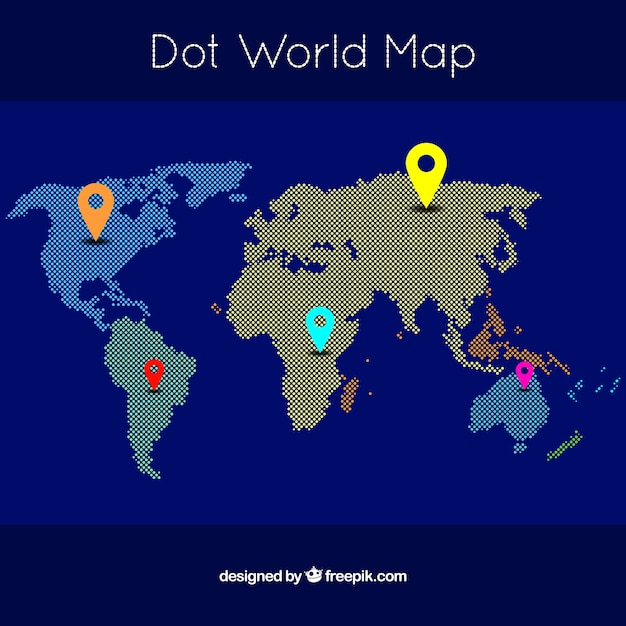 点と色付きのロケータが付いた世界地図