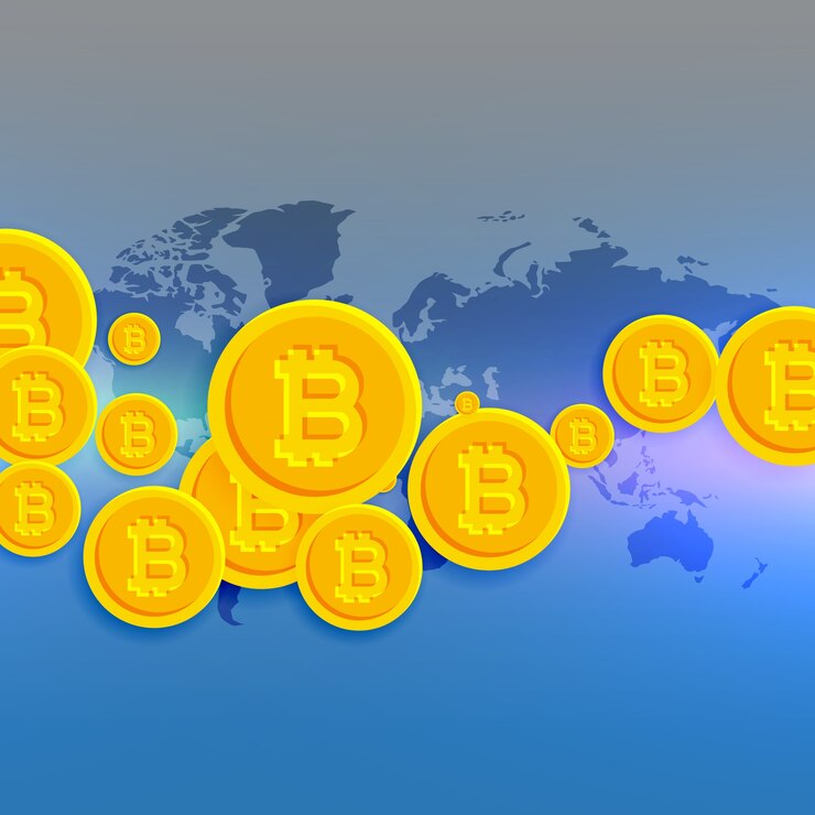Free Vector world map with floating bitcoins symbols