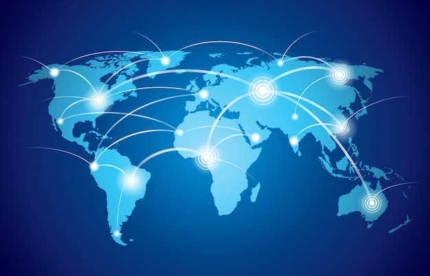 世界的な技術やノードとリンクを持つ社会的な接続ネットワークと世界地図