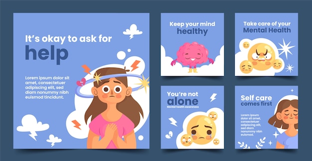 World mental health day flat design instagram posts collection