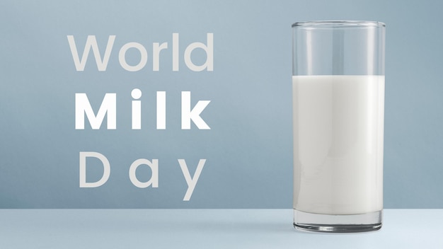 Design pubblicitario per la giornata mondiale del latte con un bicchiere di latte