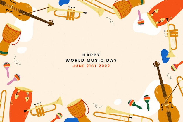 Vettore gratuito fondo disegnato a mano della giornata mondiale della musica con gli strumenti