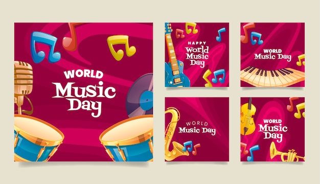 World music day hand drawn flat ig post collection