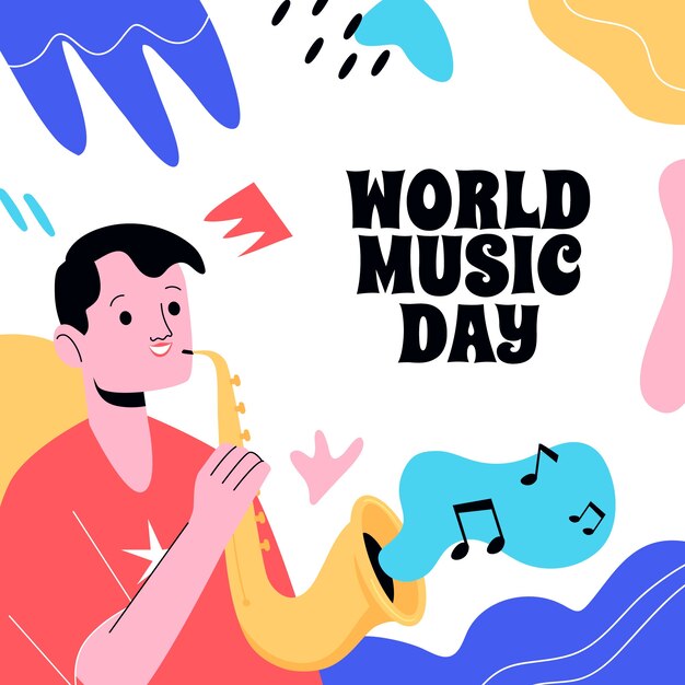 World music day hand drawn flat illustration