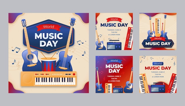 Giornata mondiale della musica con set di post instagram di strumenti