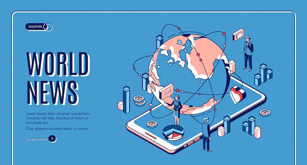World news isometric landing page. earth globe lying on huge smartphone screen with tv presenters broadcasting on television. worldwide media business