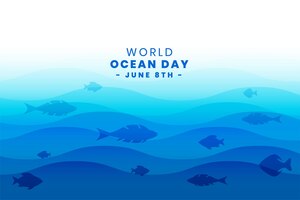 Плакат всемирного дня океана с морскими волнами и рыбой