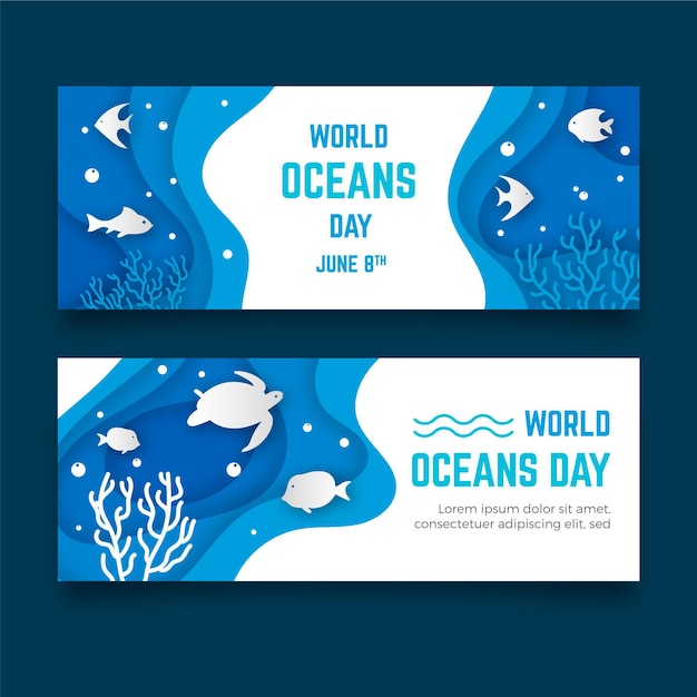 Vettore gratuito banner di giornata mondiale degli oceani in stile carta