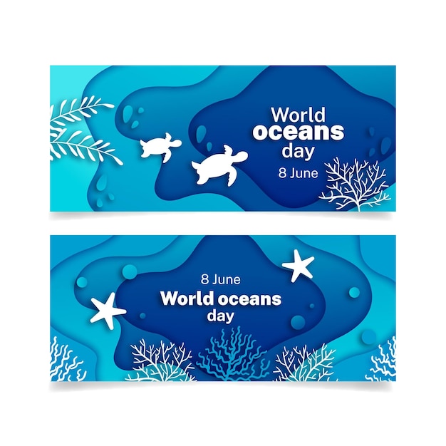 Free vector world oceans day banner in paper style