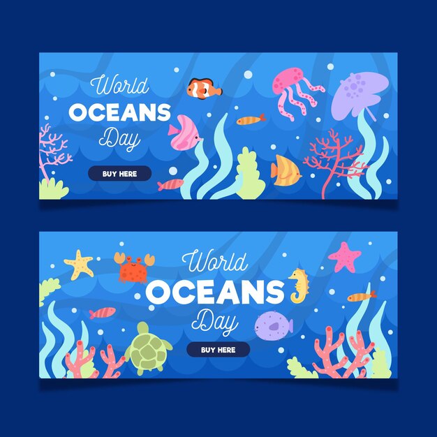 World oceans day banners with fish and marine creatures