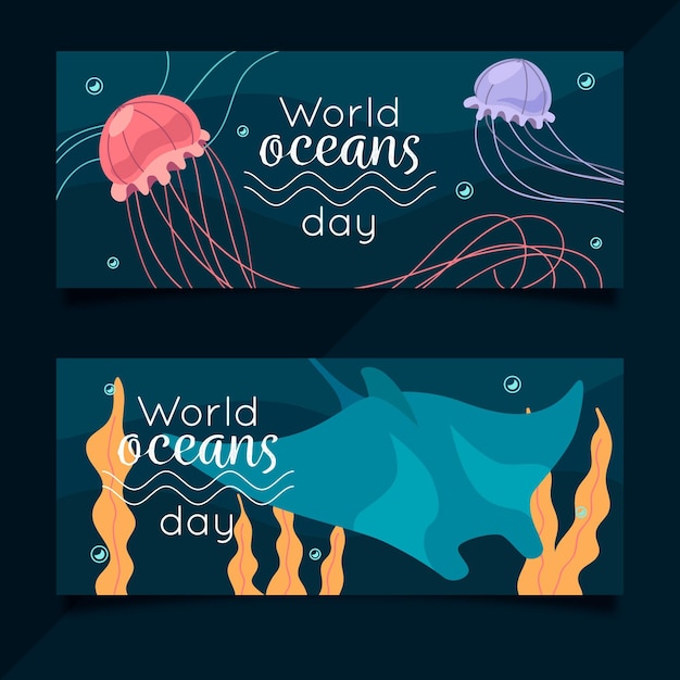 World oceans day banners with jellyfish