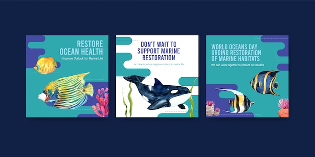 물고기, 산호와 범 고래 세계 바다의 날 환경 보호 개념 광고 템플릿.