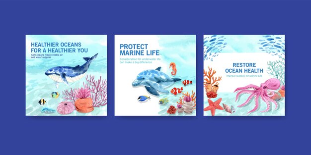고래와 낙지 세계 바다의 날 환경 보호 개념 광고 템플릿.