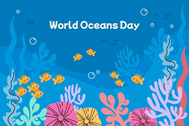 World oceans day hand drawn flat background