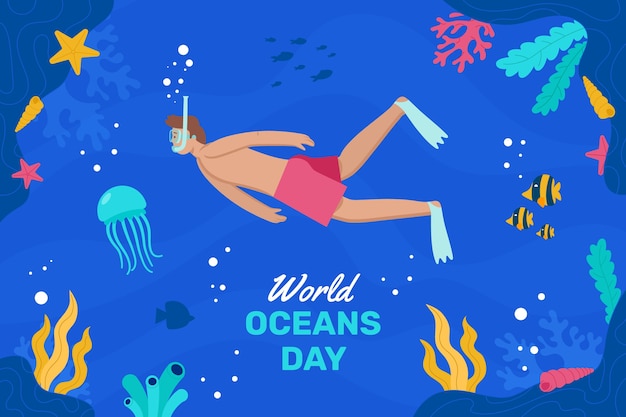 World oceans day hand drawn flat background