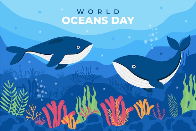 Бесплатное векторное изображение Всемирный день океанов рисованной плоский фон