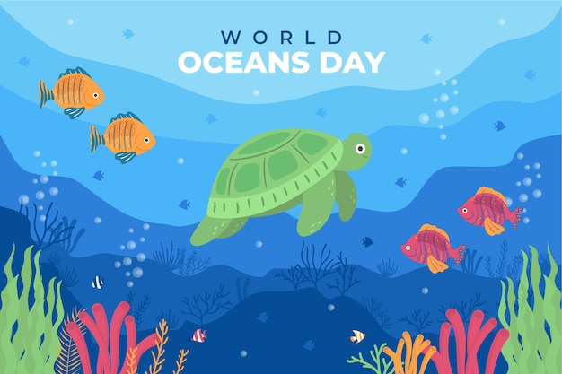 World oceans day hand drawn flat background