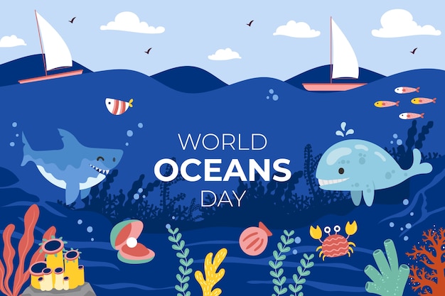 World oceans day hand drawn flat background