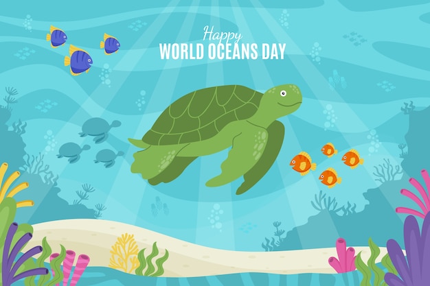 World oceans day hand drawn flat background