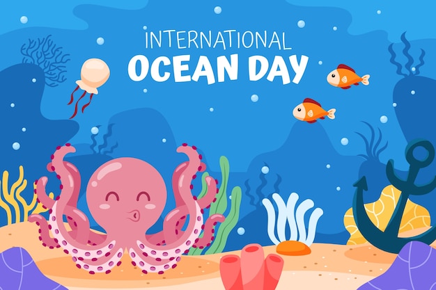 World oceans day hand drawn flat background