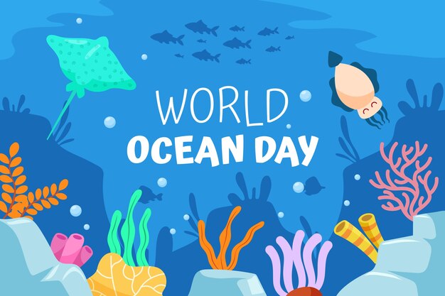 World oceans day hand drawn flat background