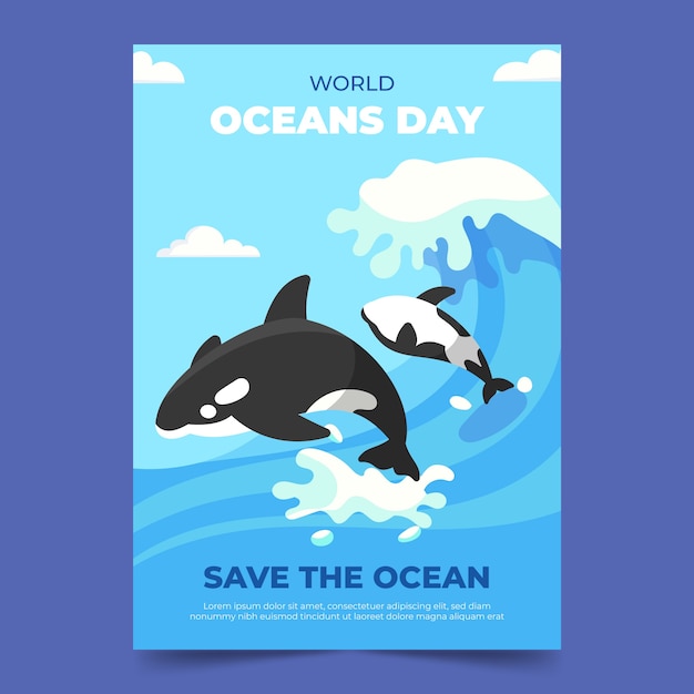 Free vector world oceans day hand drawn flat flyer or poster