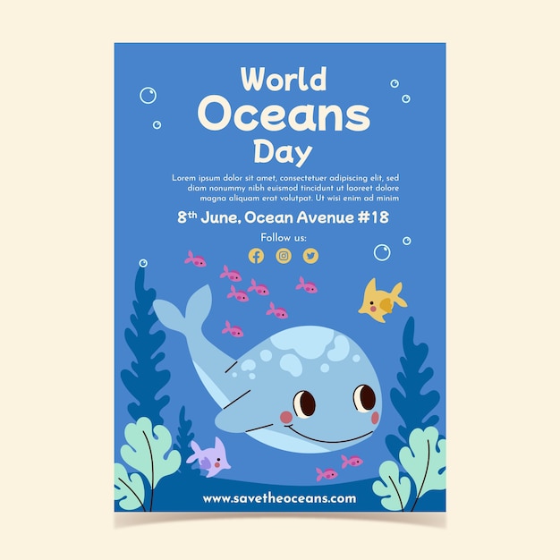 Volantino o poster piatto disegnato a mano della giornata mondiale degli oceani