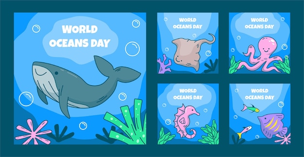 Vettore gratuito collezione di post ig piatto disegnato a mano della giornata mondiale degli oceani