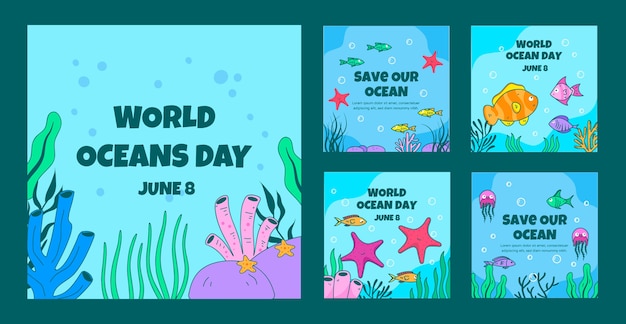 World oceans day hand drawn flat ig post collection