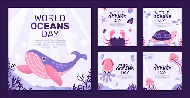 World oceans day hand drawn flat ig post collection