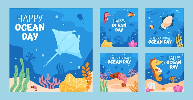 Collezione di post ig piatto disegnato a mano della giornata mondiale degli oceani