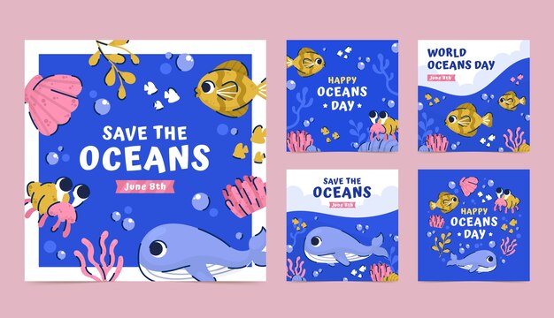 World oceans day hand drawn flat ig posts collection