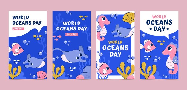 World oceans day hand drawn flat ig stories collection