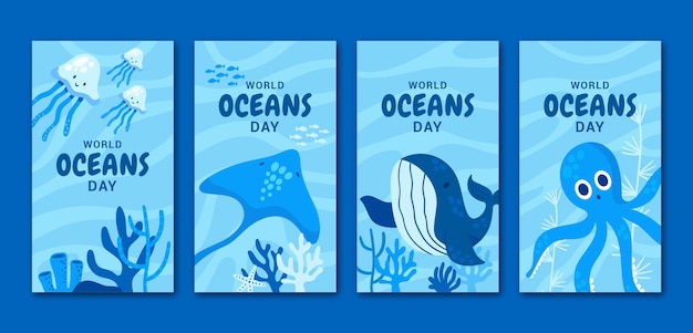 Collezione di storie di ig piatte disegnate a mano per la giornata mondiale degli oceani